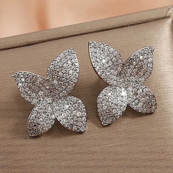 Silver Zircon Flower Pave Earrings Floral Luxury - Picture 4 of 4